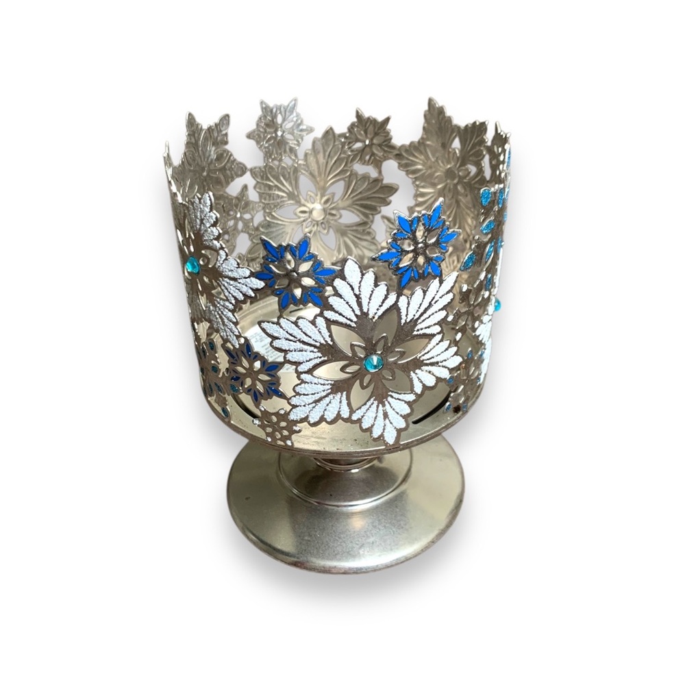 Silver Floral Metal Candle Holder with Blue Accent Gems